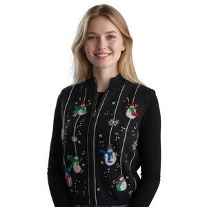 Cappagallo Women Sweater Vest Vintage Snowmen Snow Winter Beaded Embroidered